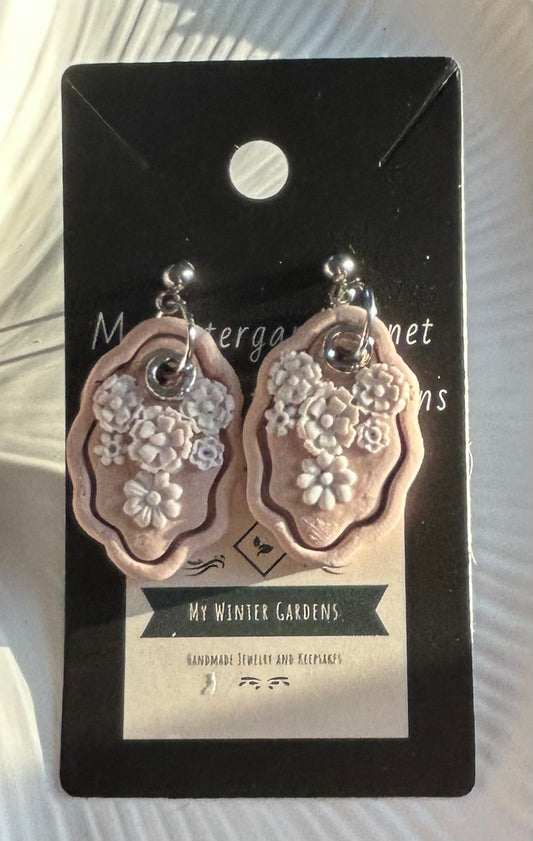 Unique Vintage Heirloom Coquette Pale Beige/Tan and White Floral dangly earrings on silver plated posts for pierced ears Gift for her/woman/lady/Mom/Mother/Sister/Daughter/Wife/Girlfriend/Grandma/Grandmother/Aunt/friend