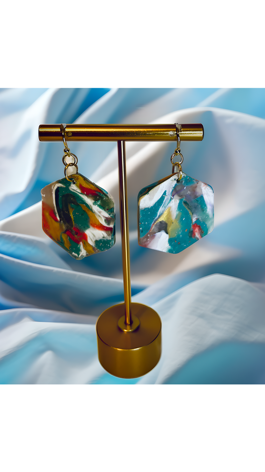 Unique Multicolored teal, orange, red, white, yellow, green, and translucent marble swirled hexagon dangle drop silver toned stainless steel ear hook pierced earrings statement jewelry gift for her/woman/girl/friend beautiful eye catching accessory