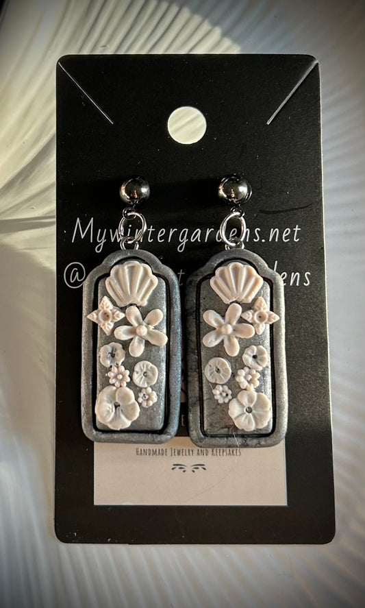 Unique Vintage Heirloom Coquette Small Gun Metal Grey framed dangly pierced earrings on hematite posts with white aquatic and floral embellishments. Gift for her/woman/lady/Mom/Mother/Sister/Daughter/Wife/Aunt/Grandma/Grandmother/girlfriend