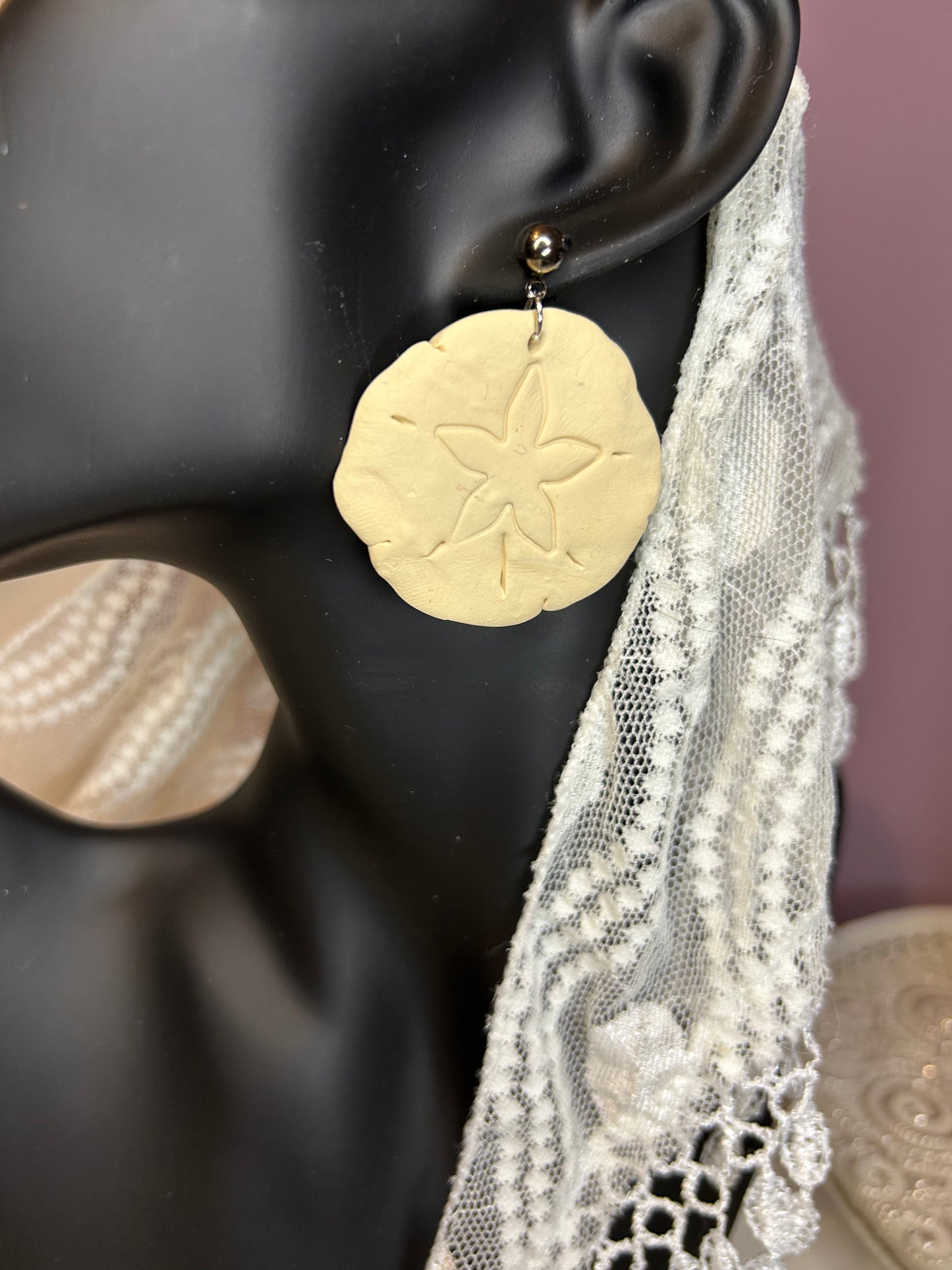 Beachy hand sculpted Sand dollar drop dangle earrings with rare hematite pushback ball post earrings for pierced ears gift for her/woman/girl vacation themed jewelry accessories