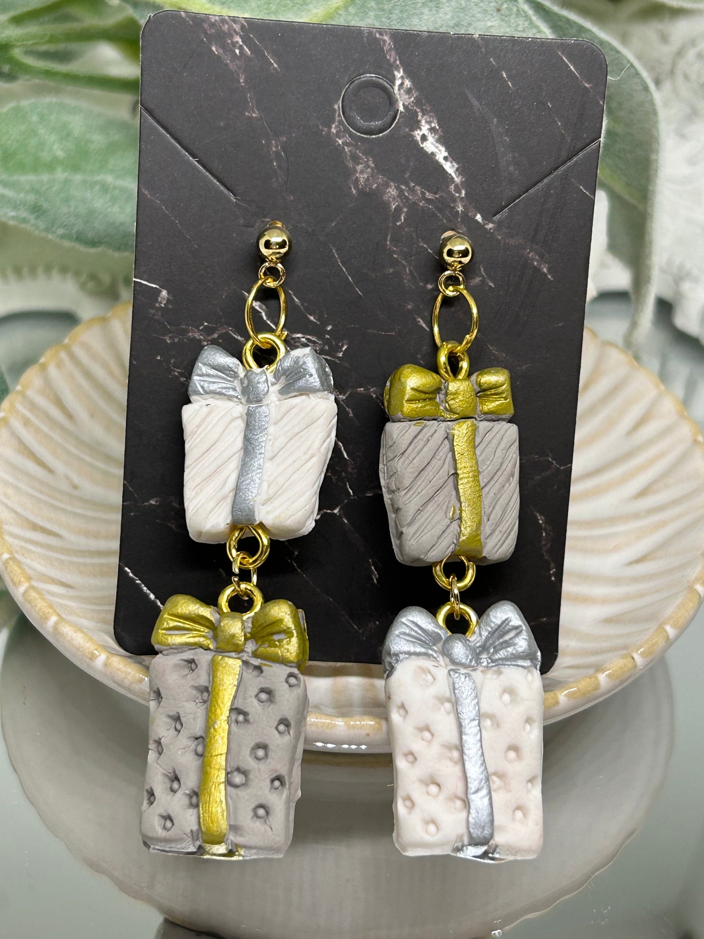 Gold and silver holiday Gift box dangle earrings jewelry gift for her