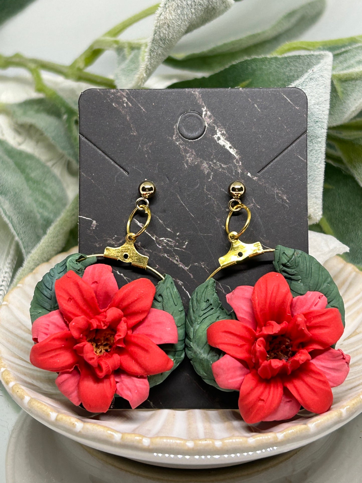 Coral zinnia dangle hoop earrings gift idea jewelry