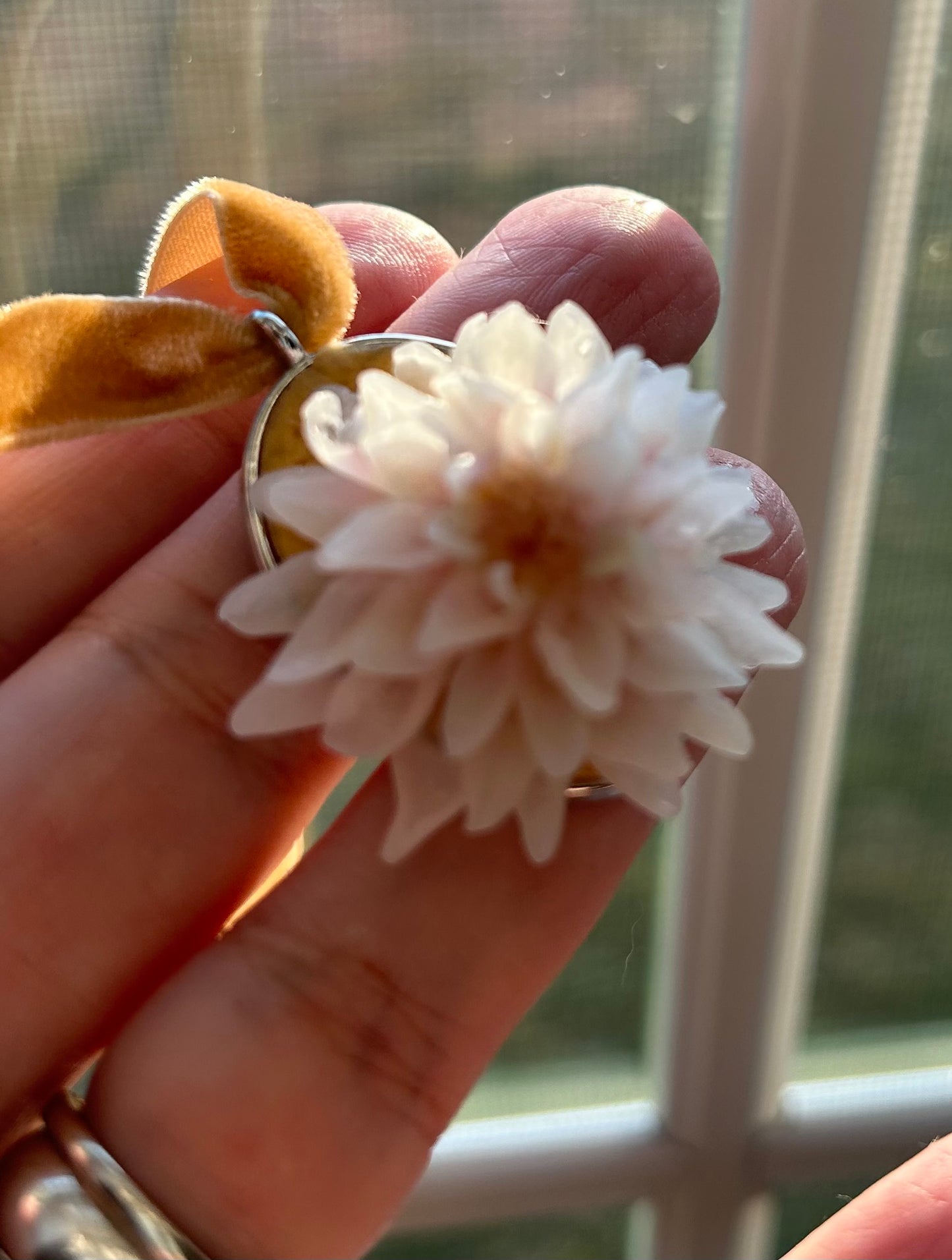 Pastel Pink Blush Dahlia Pendant with gold toned alloy on caramel velvet ribbon unique special hand sculpted gift for her/woman/girl/lady mom sister wife/grandmother/girl friend/ aunt