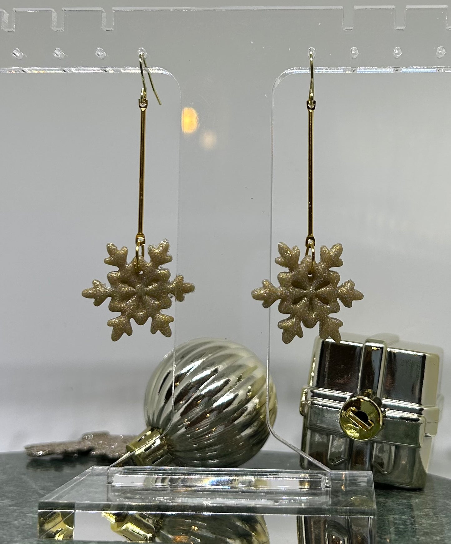 Glittery gold snowflake dangle hook earrings for pierced ears Seasonal winter jewelry gift