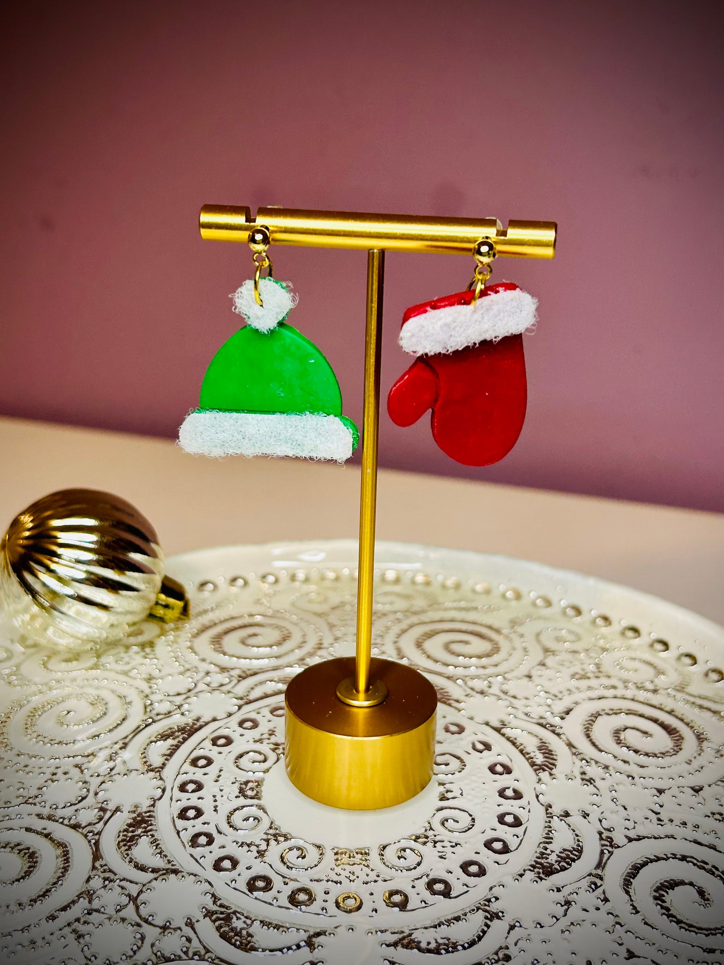 Green and red Hat and mitten dangle earrings for pierced ears