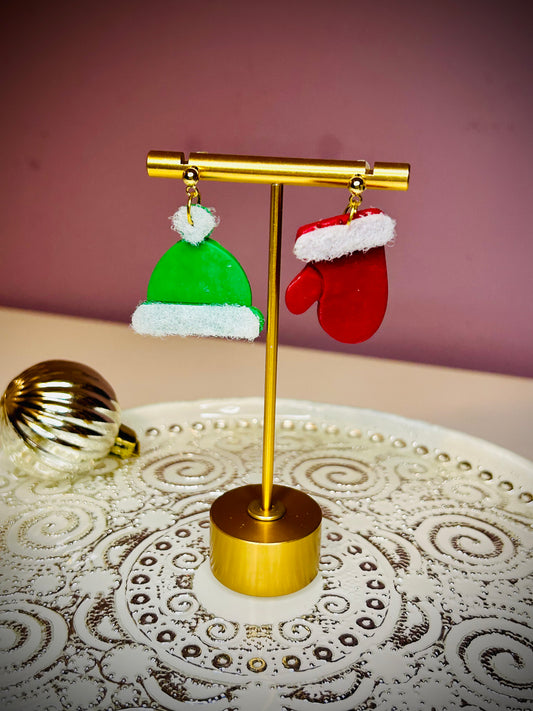 Green and red Hat and mitten dangle earrings for pierced ears