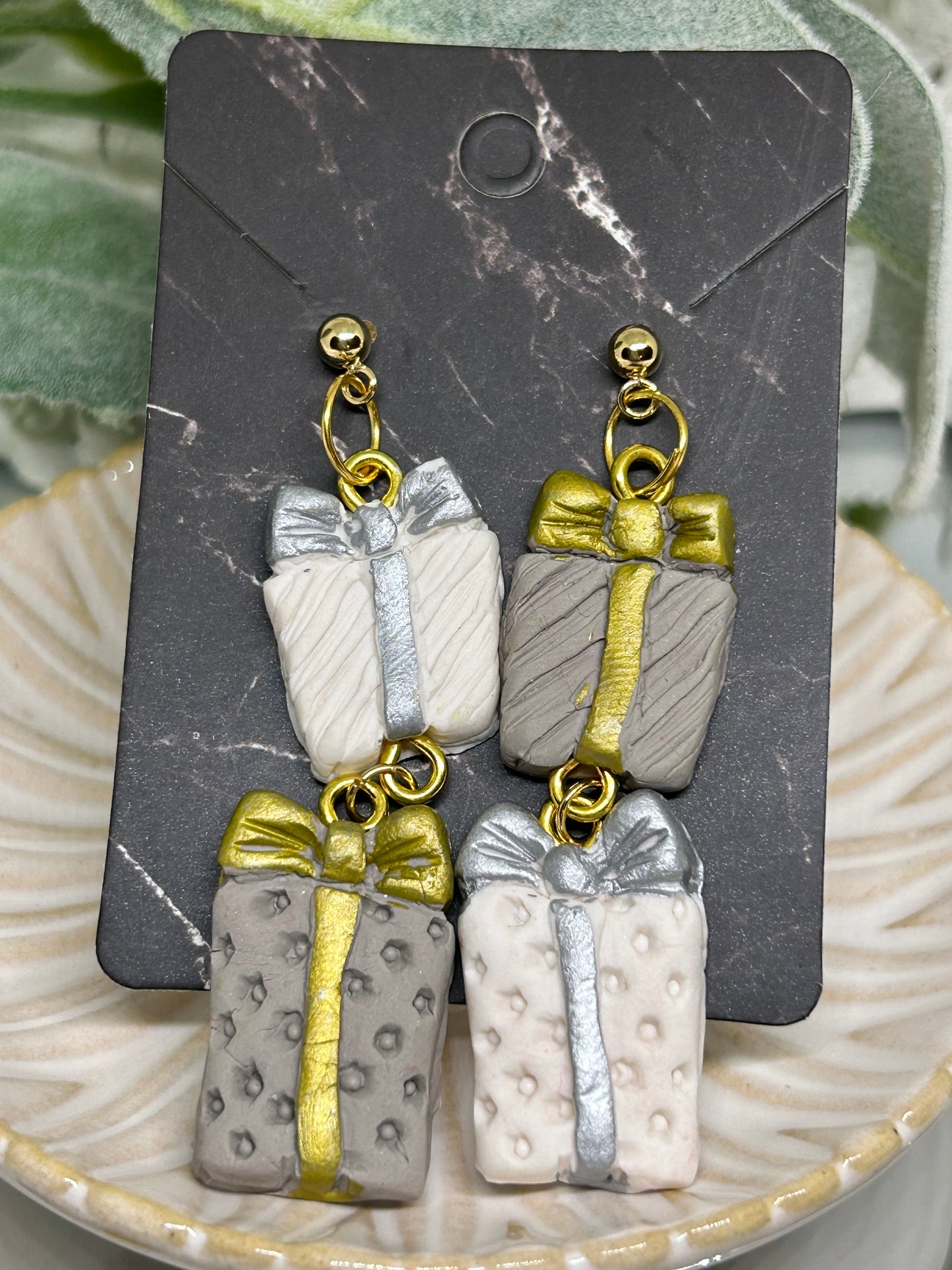 Gold and silver holiday Gift box dangle earrings jewelry gift for her