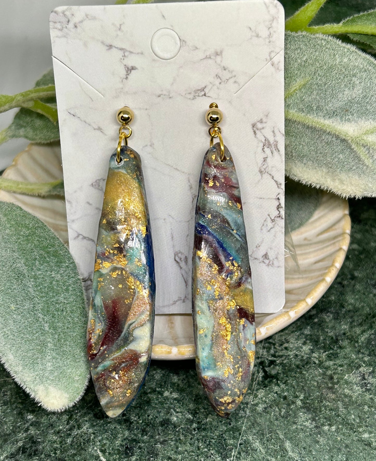 Long Marbled statement earrings in muted tones embellished with gold gift idea jewelry