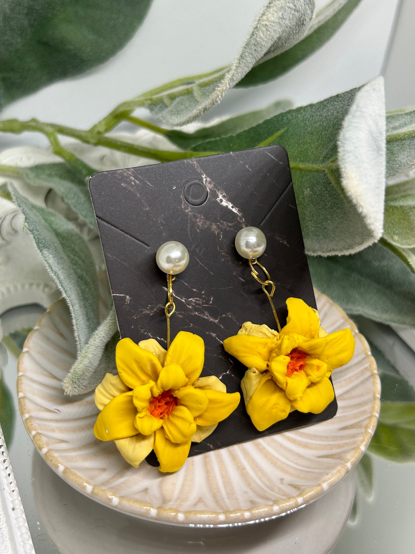 Daffodil floral dangle earrings gift idea jewelry