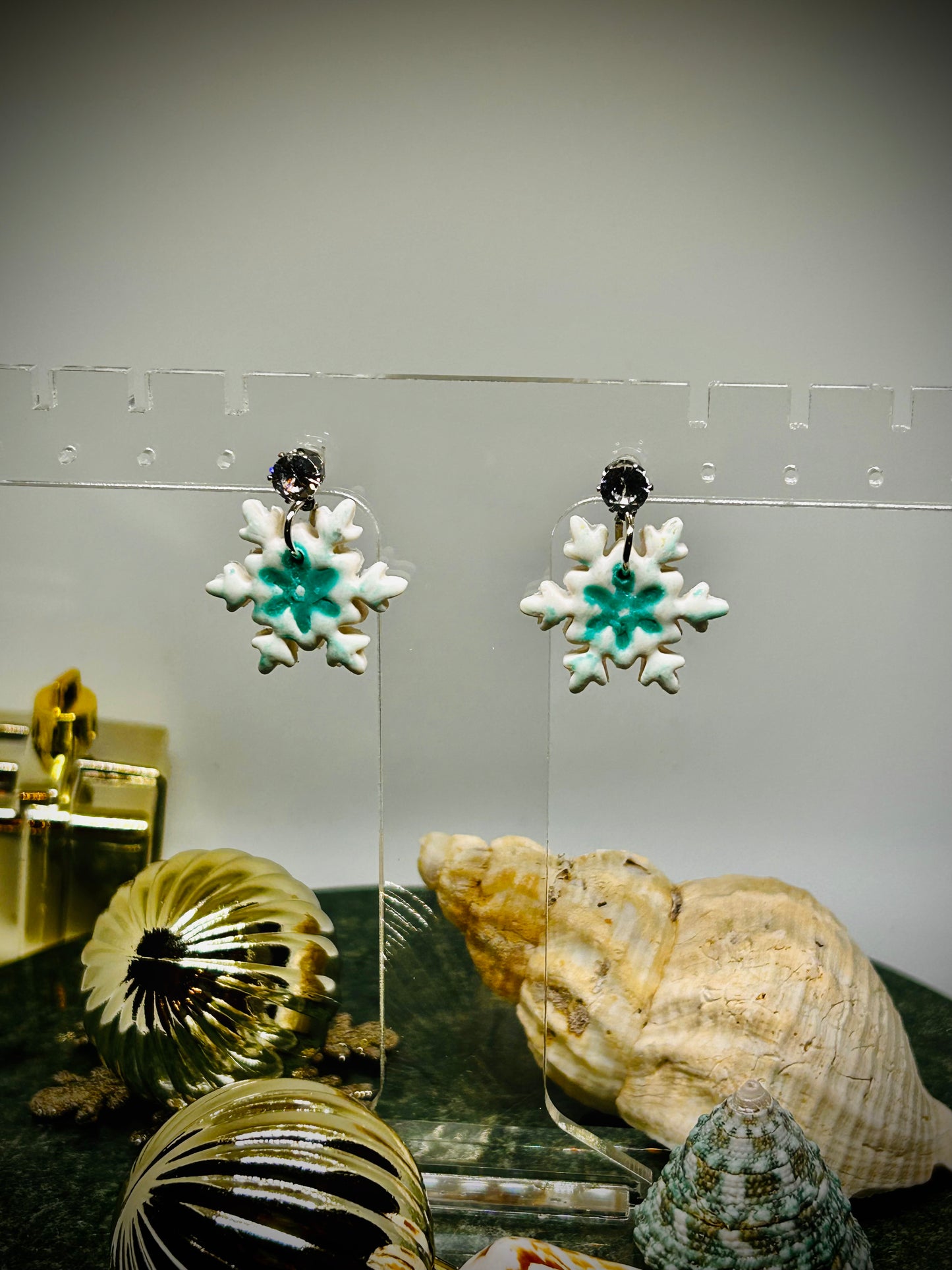 Dainty Shimmer Turquoise tinted snowflake dangle earrings with CZ holiday jewelry gift for her