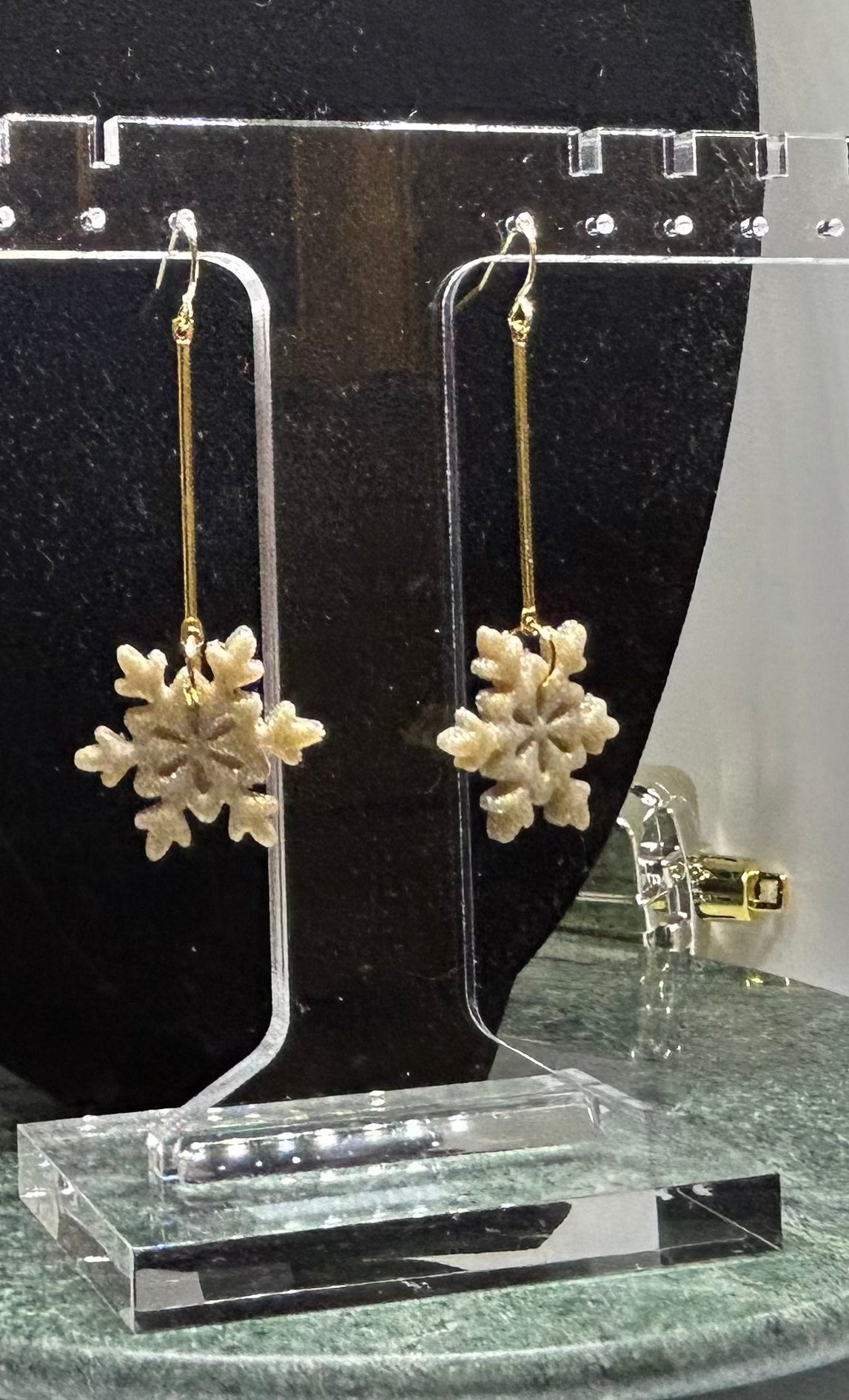 Glittery gold snowflake dangle hook earrings for pierced ears Seasonal winter jewelry gift