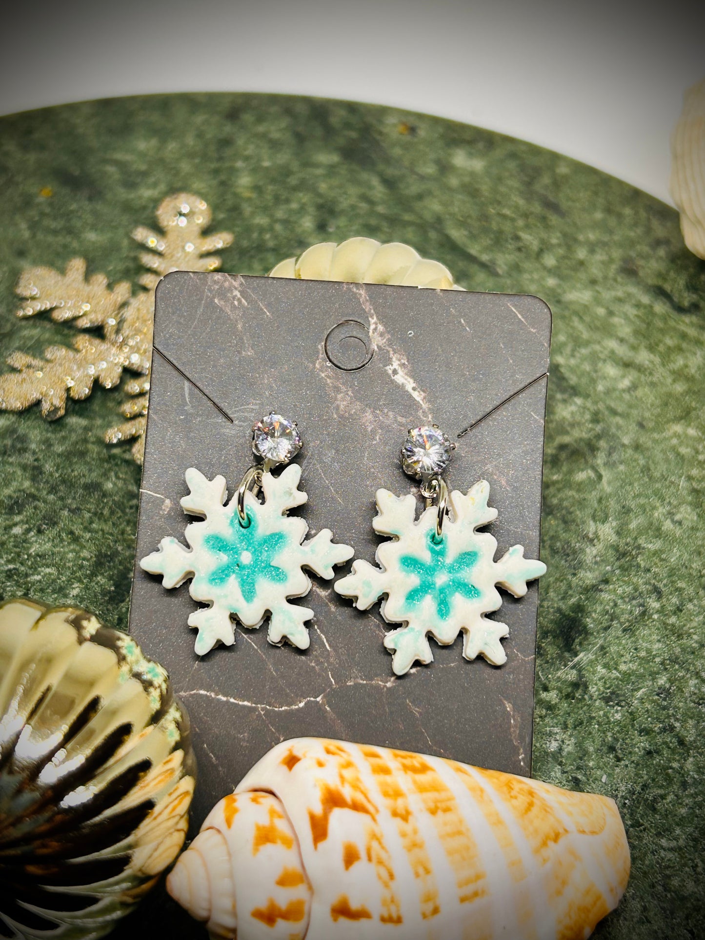 Dainty Shimmer Turquoise tinted snowflake dangle earrings with CZ holiday jewelry gift for her