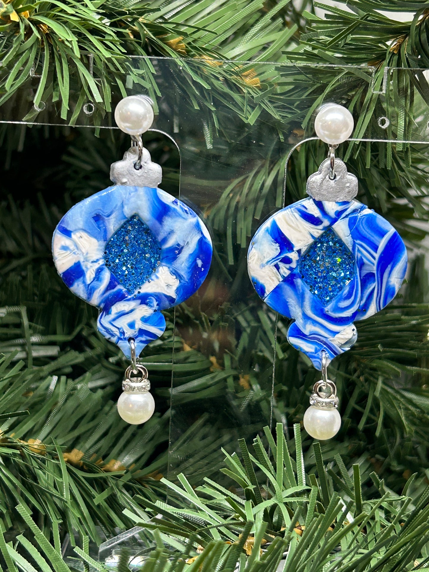 Blue and White swirled Christmas ornament dangle earrings with faux pearl embellishments gifts for her