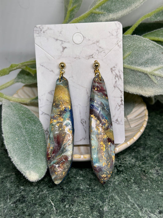 Long Marbled statement earrings in muted tones embellished with gold gift idea jewelry