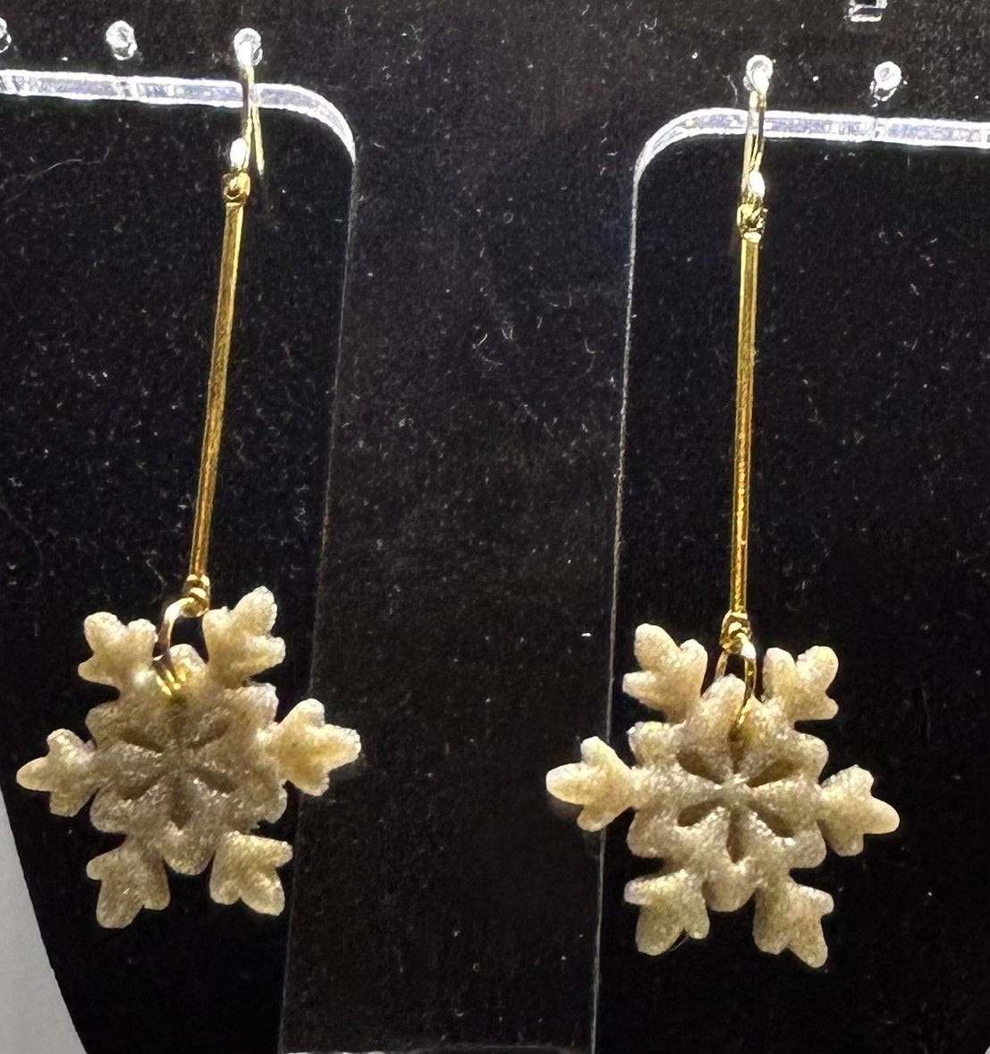 Glittery gold snowflake dangle hook earrings for pierced ears Seasonal winter jewelry gift