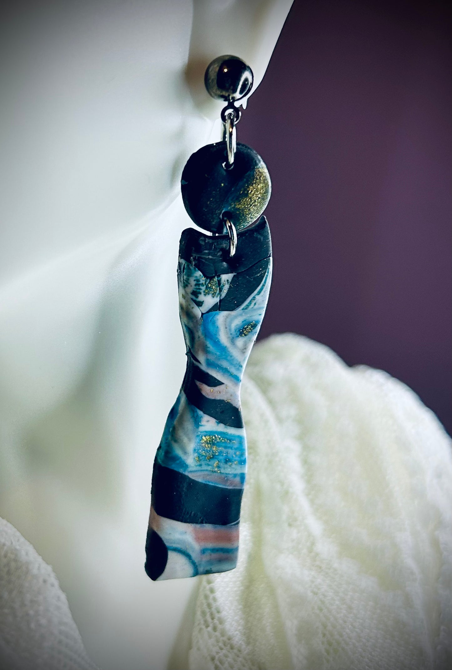 “My body my rights” feminist activism themed hand sculpted dangle drop embedded pushback post earrings for pierced ears featuring abstract planet earth impressionism within female body curvature outlines