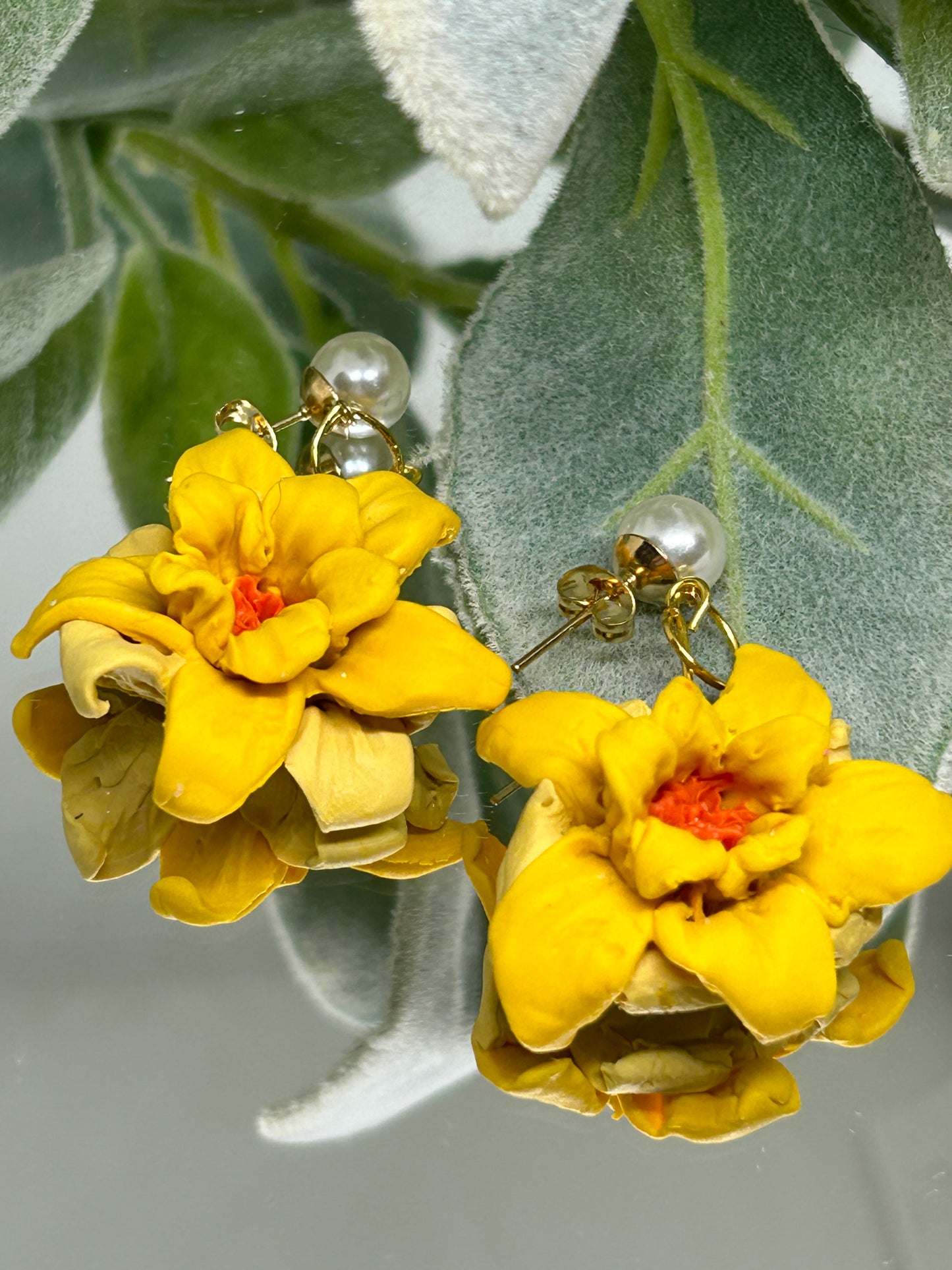 Daffodil floral dangle earrings gift idea jewelry