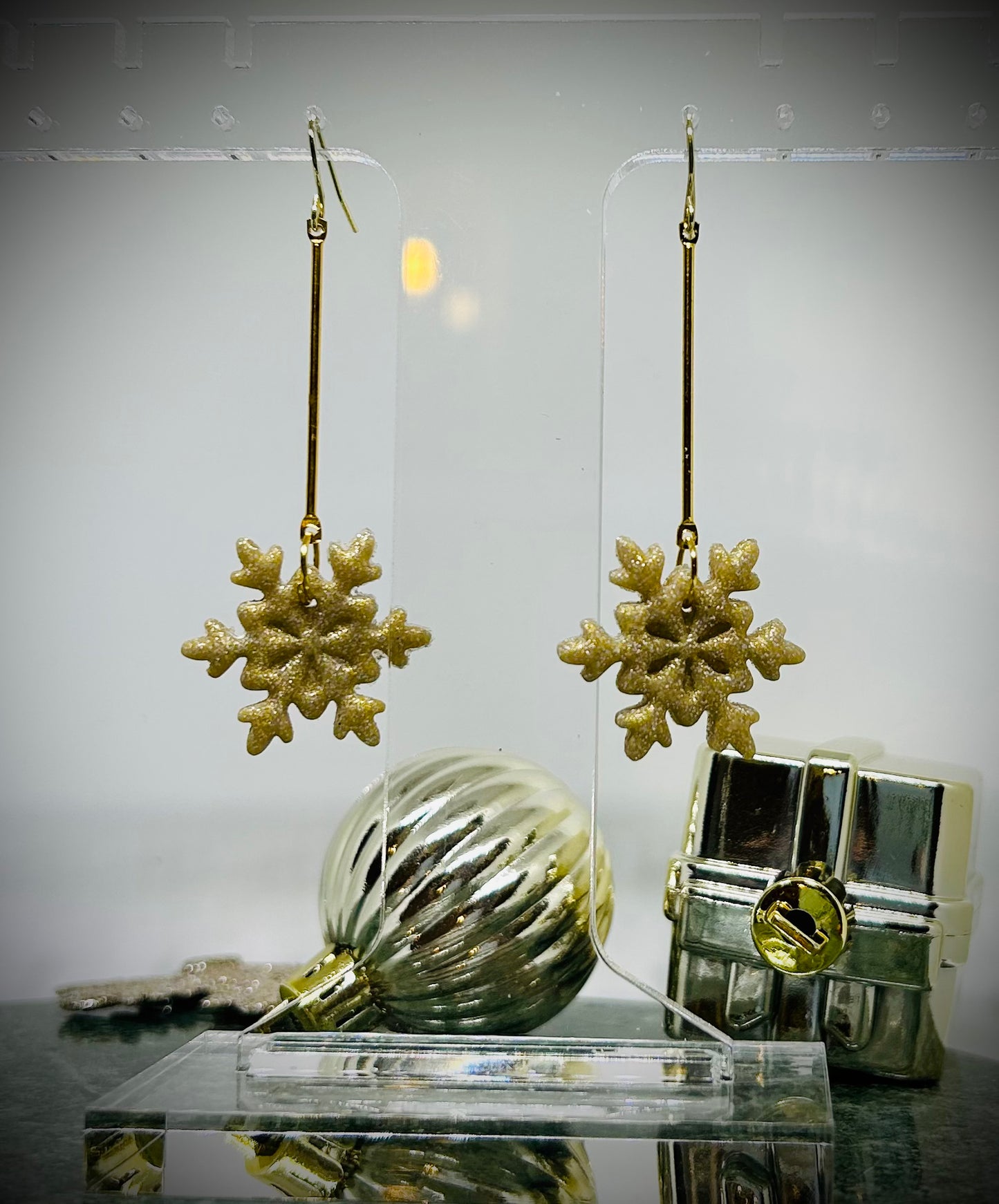 Glittery gold snowflake dangle hook earrings for pierced ears Seasonal winter jewelry gift