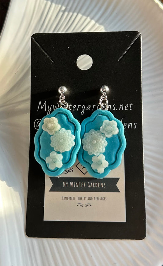 Unique Vintage Heirloom Coquette Heirloom Framed Teal Dangly earrings with translucent floral design on silver plated posts for pierced ears Gift for her/woman/lady/mom/mother/daughter/sister/wife/grandmother/grandma/friend/teacher