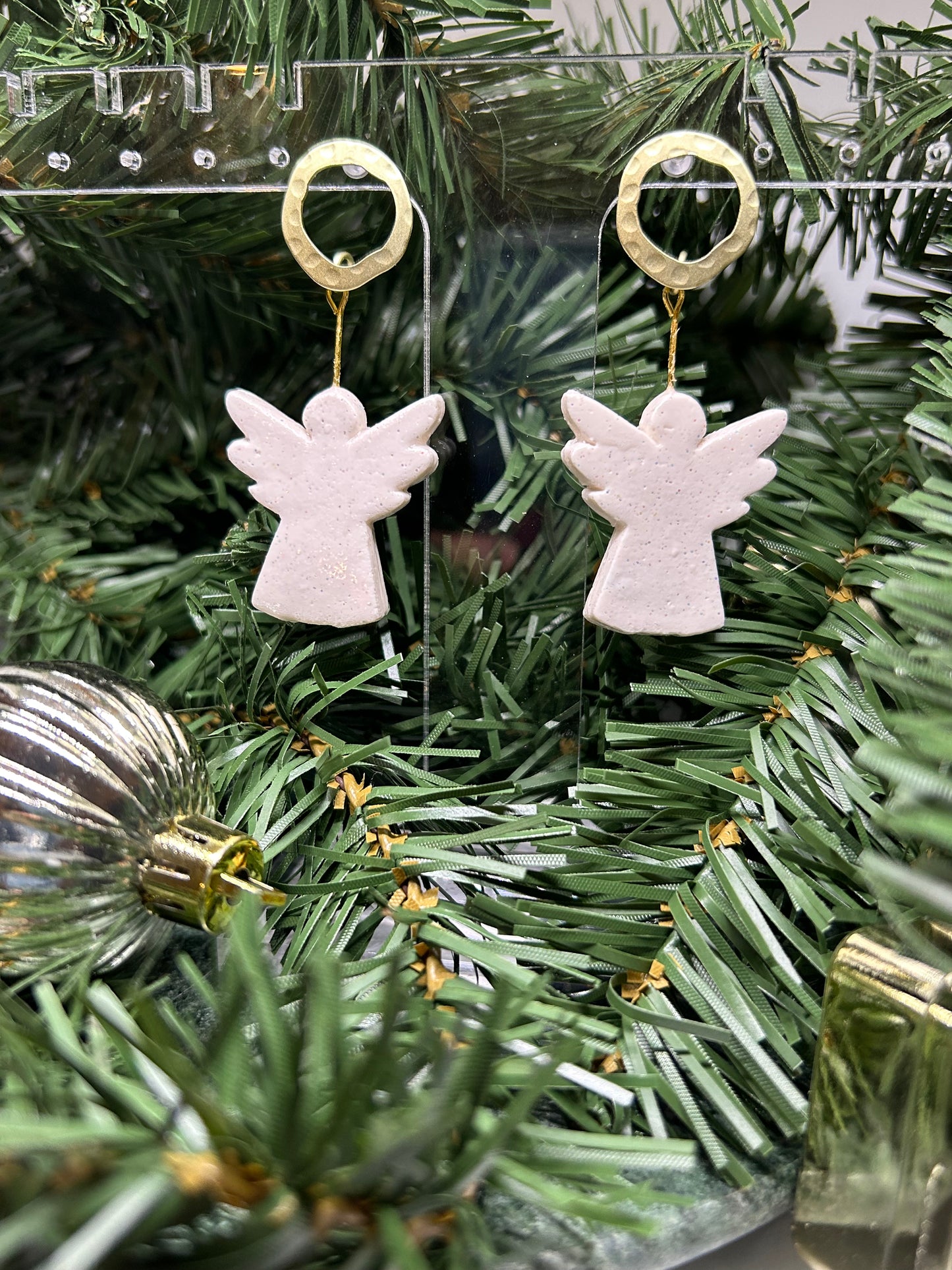 White Sparkle Guardian Angels with Gold halos dangle earrings gift for her