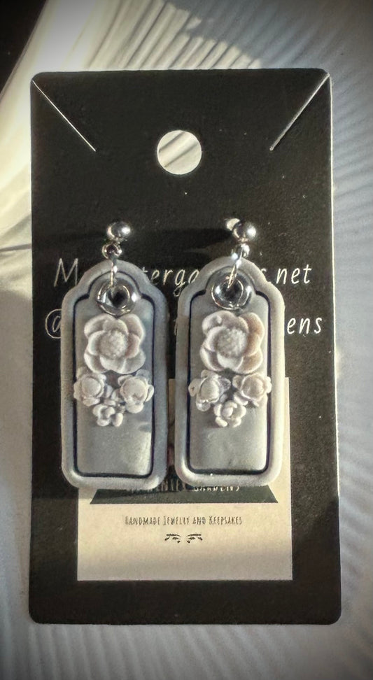 Unique Vintage Heirloom Coquette Pale Grey and White Floral dangly earrings on silver plated posts for pierced ears Gift for her/woman/lady/Mom/Mother/Sister/Daughter/Wife/Girlfriend/Grandma/Grandmother/Aunt/friend