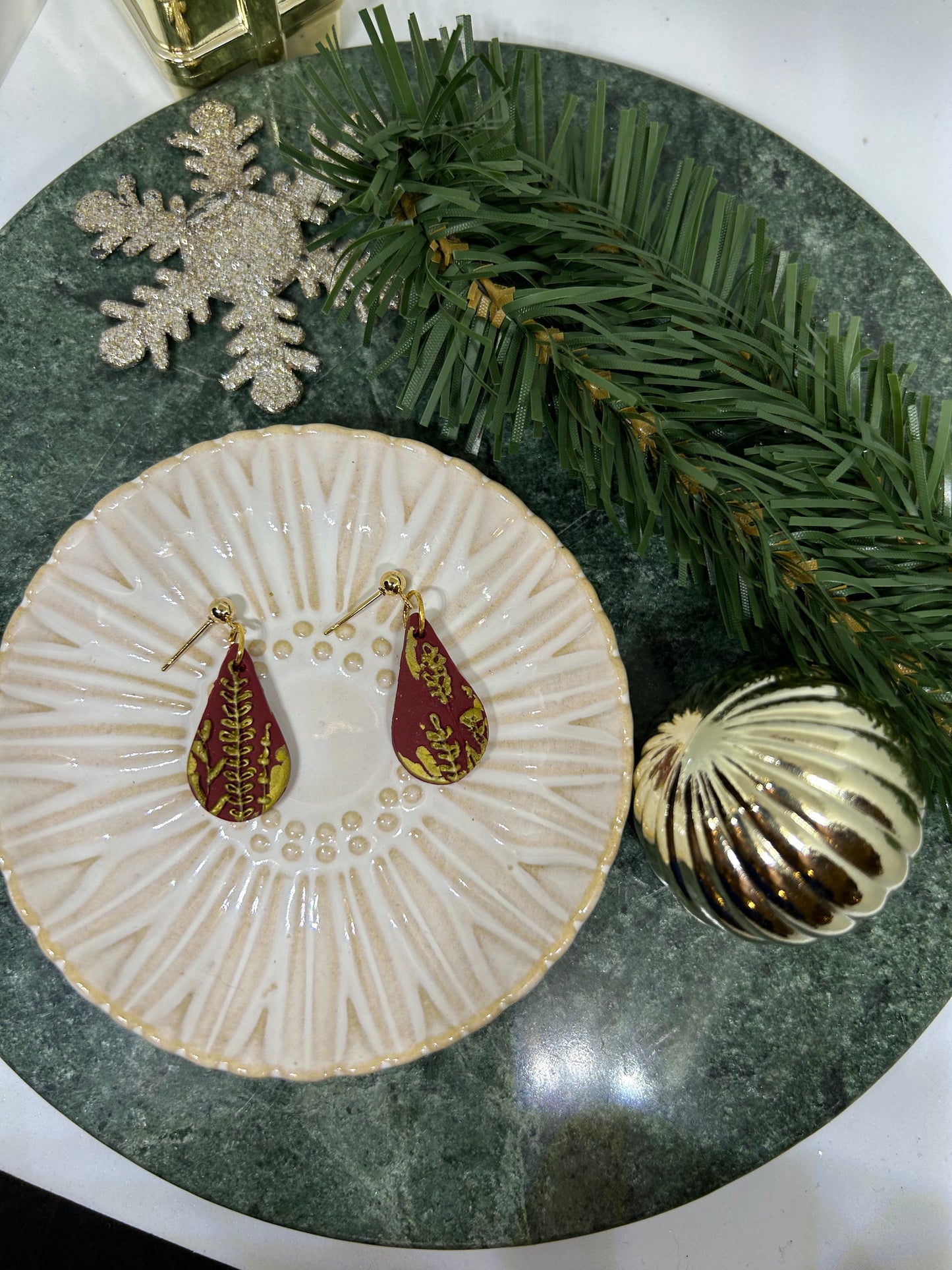 Maroon tear drops with embossed hand painted meadow flowers dangle earrings pierced earrings gift for her