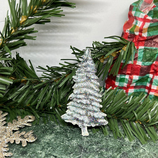 Holographic sparkly silver Christmas holiday tree hat/lapel/bag pin jewelry gift idea