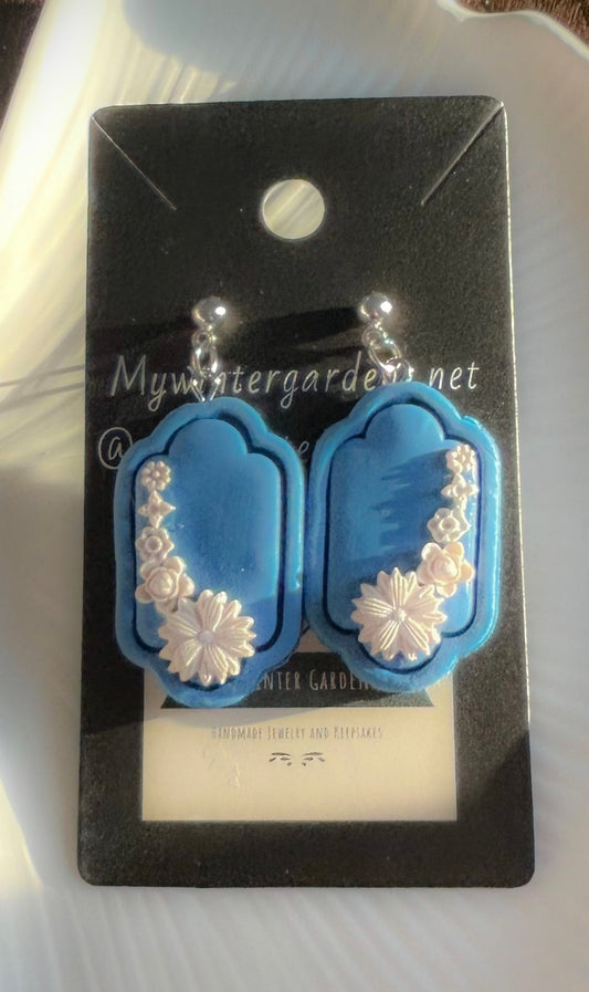 Unique Vintage Heirloom Coquette Wedgewood Blue and white floral dangly earrings on sterling silver posts for pierced ears Gift for her/woman/lady/mom/mother/sister/daughter/aunt/wife/girlfriend/grandma/grandmother