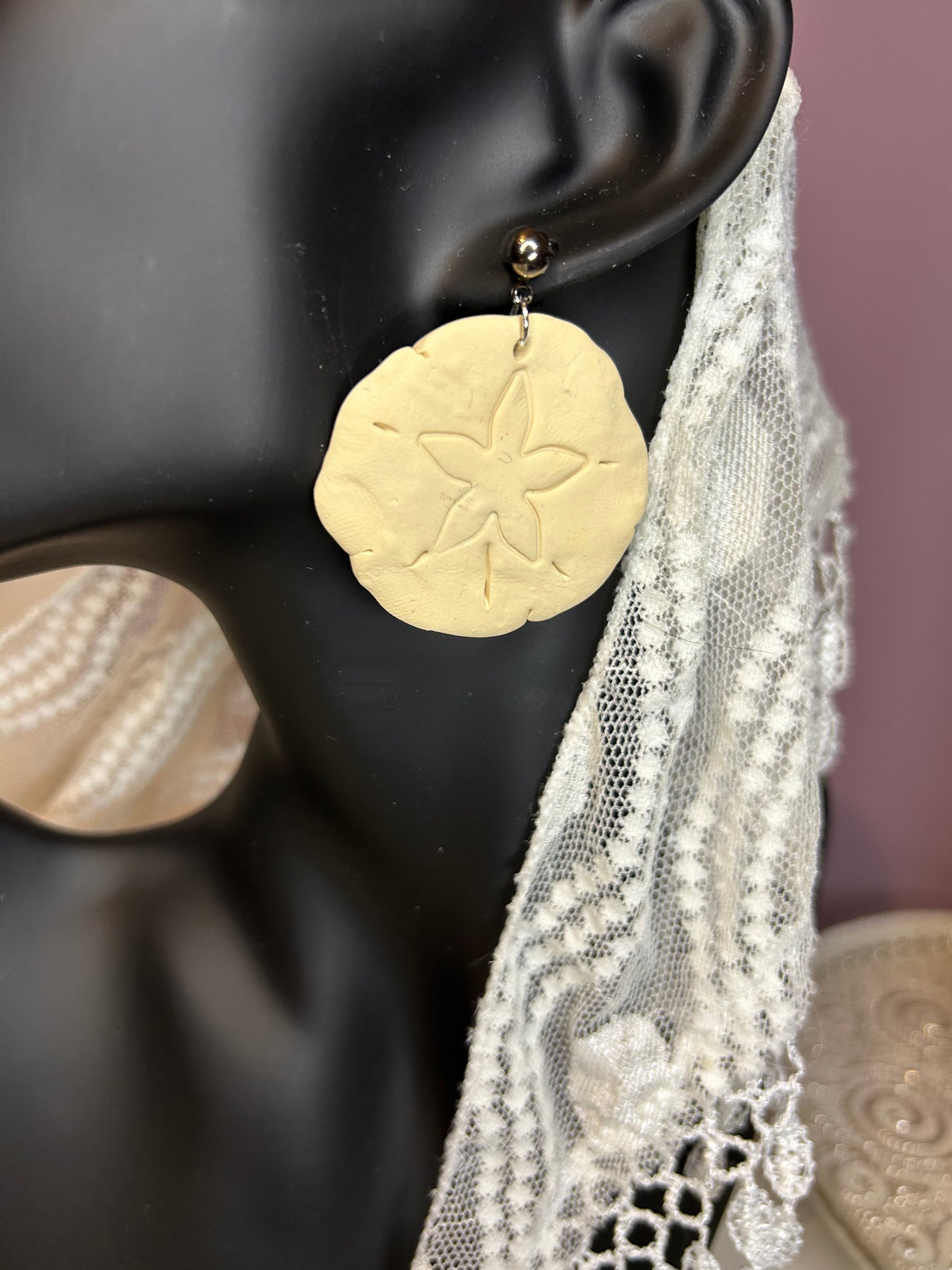 Beachy hand sculpted Sand dollar drop dangle earrings with rare hematite pushback ball post earrings for pierced ears gift for her/woman/girl vacation themed jewelry accessories