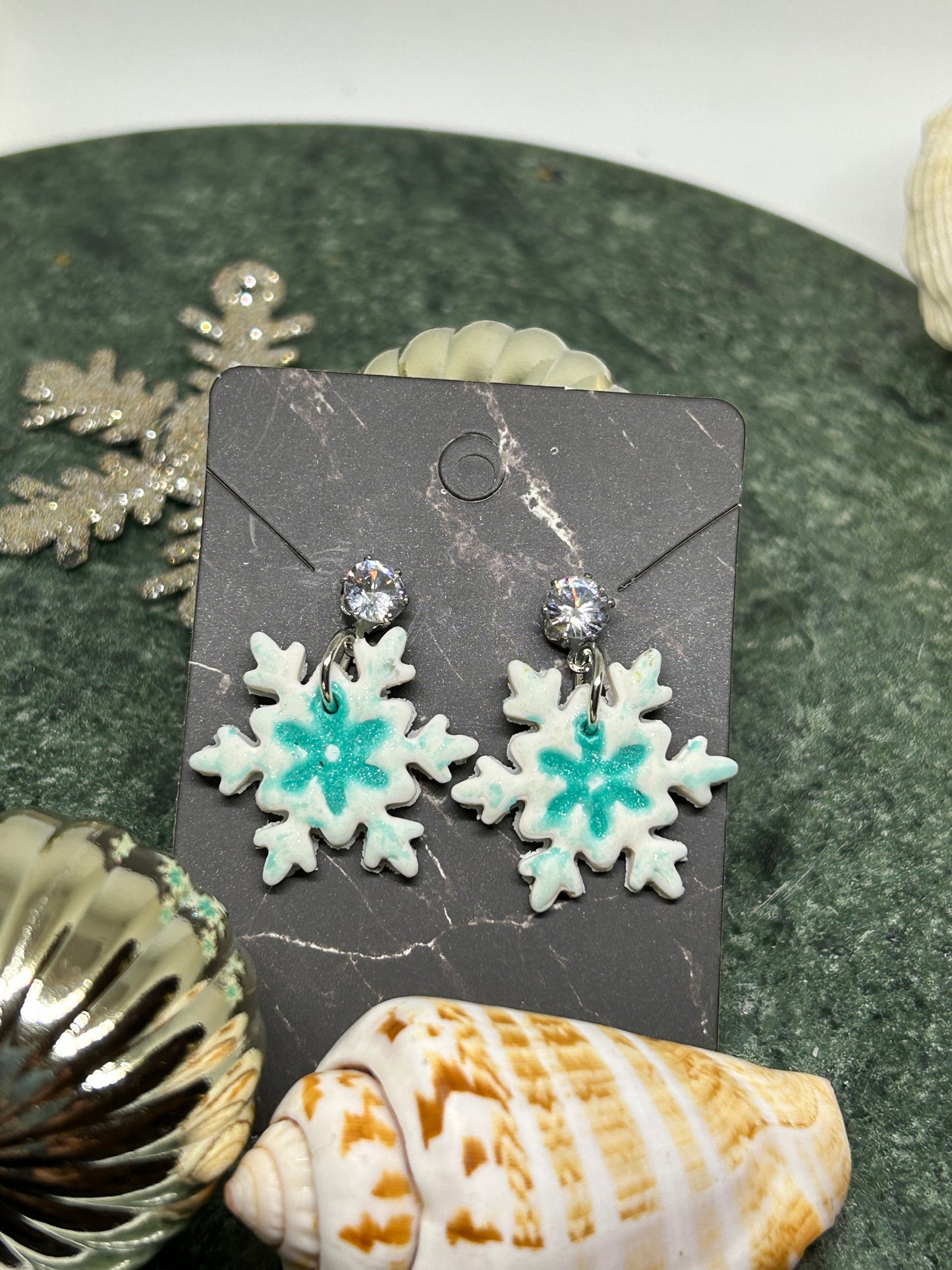 Dainty Shimmer Turquoise tinted snowflake dangle earrings with CZ holiday jewelry gift for her