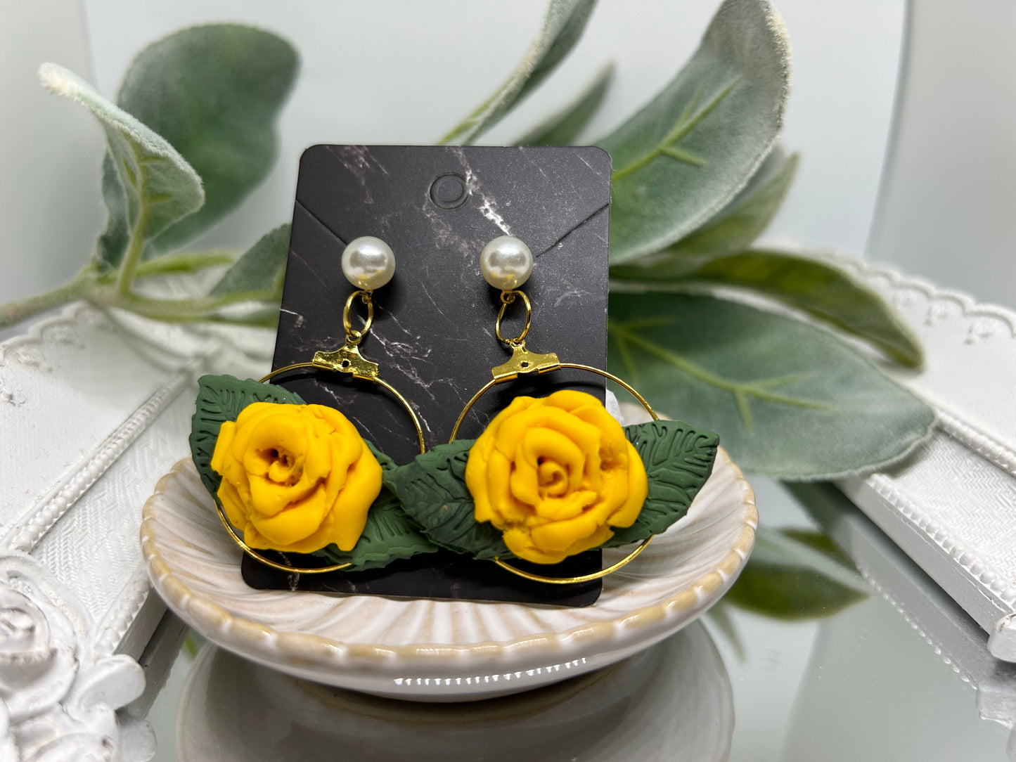 Floral yellow rose hoop earrings for pierced ears gift idea jewelry