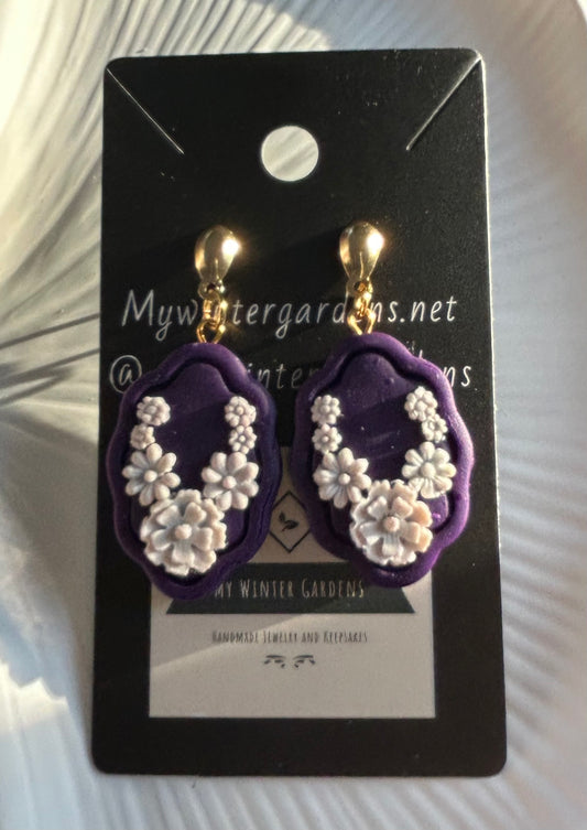 Unique Vintage Heirloom Coquette Heirloom Violet/Purple/Eggplant and White Dangly earrings collared by white floral design on Gold plated posts for pierced ears Gift for her/woman/lady/mom/mother/daughter/sister/wife/grandmother/grandma/friend/teacher