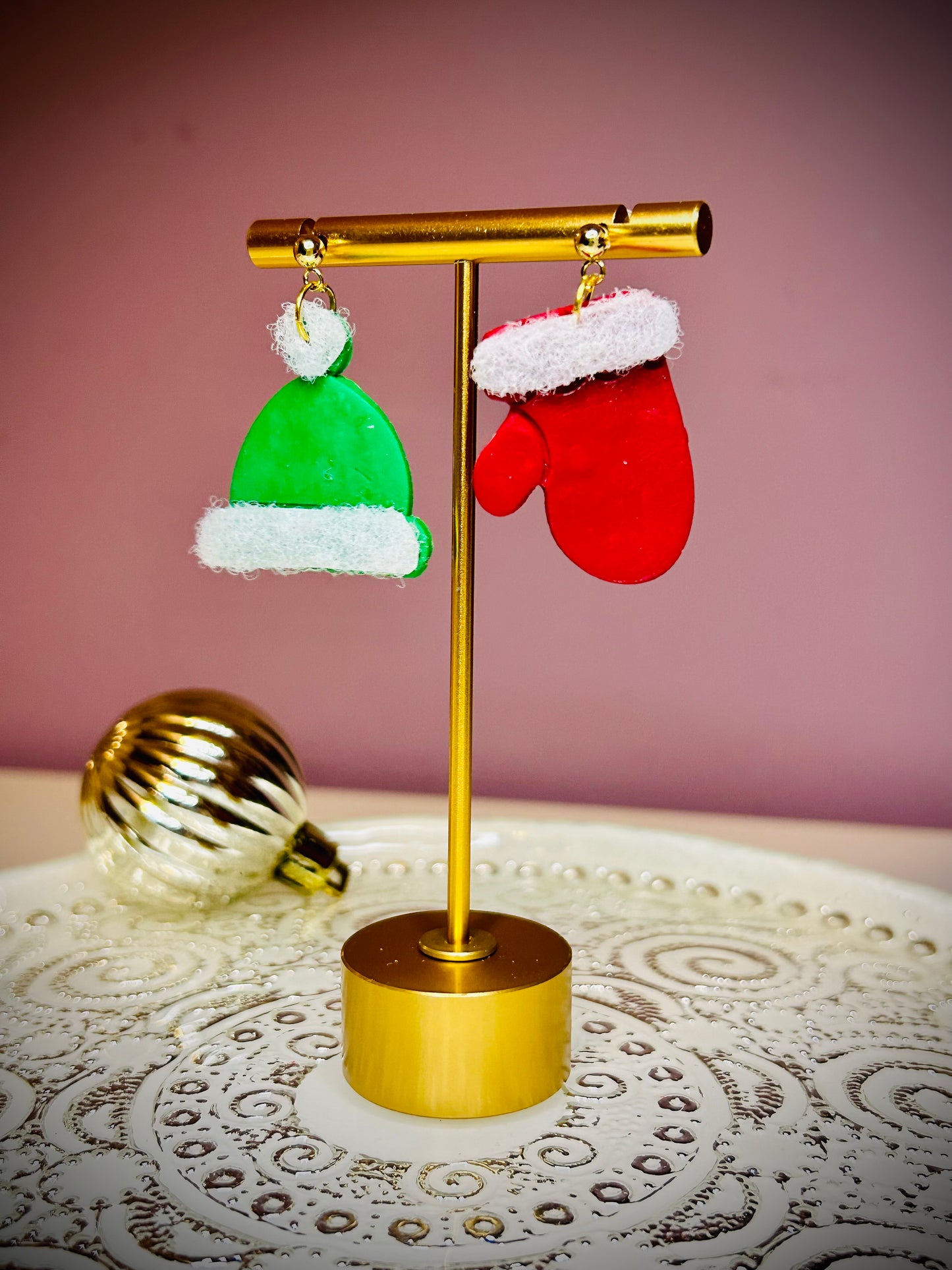 Green and red Hat and mitten dangle earrings for pierced ears