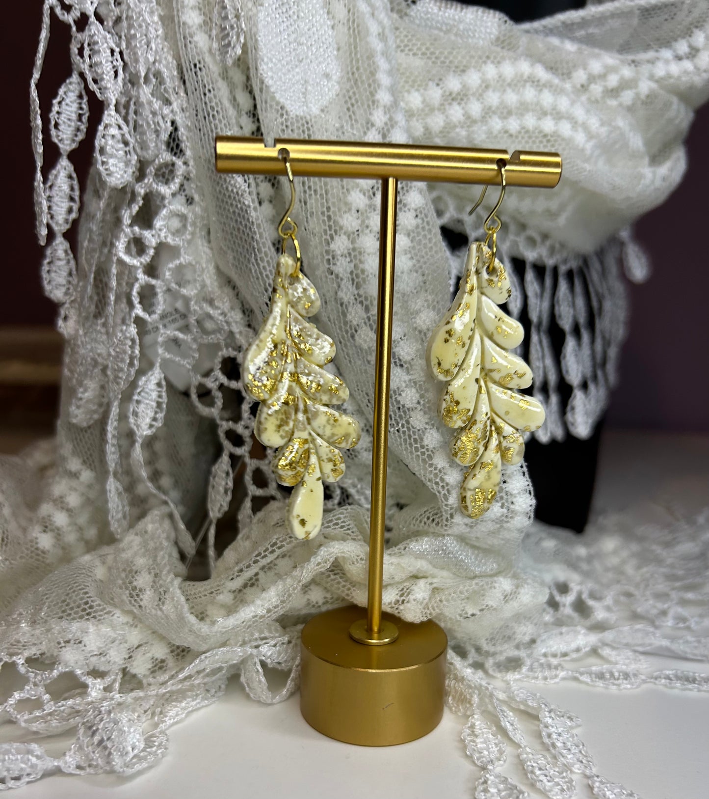 Ivory and gold leaf dangle ear hook earrings for pierced ears unique gift for her/woman/girl bridal wedding accessory