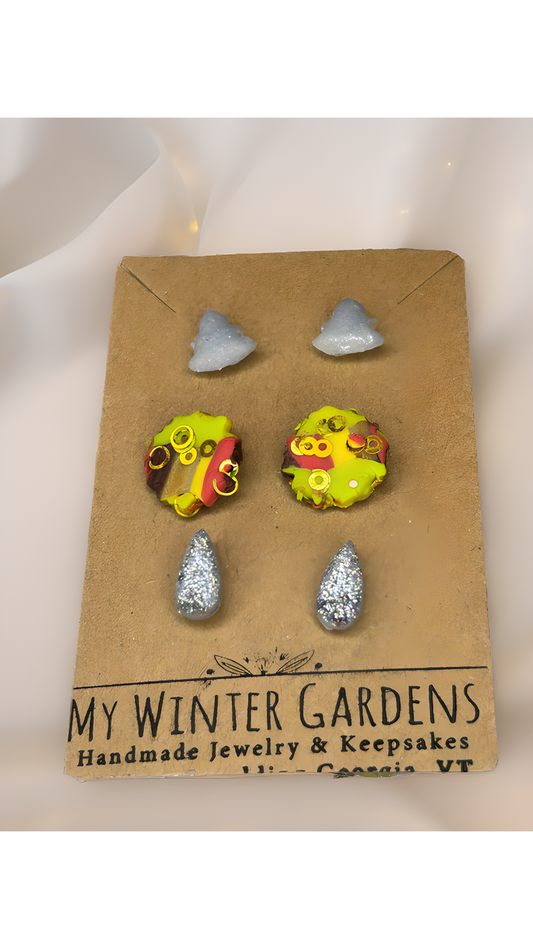 Earring stud triple (3) pack of sparkly translucent trees yellow, orange, and brown glittery cookie shaped discs and holographic silver sparkly tear drops gift idea for her/woman/girl