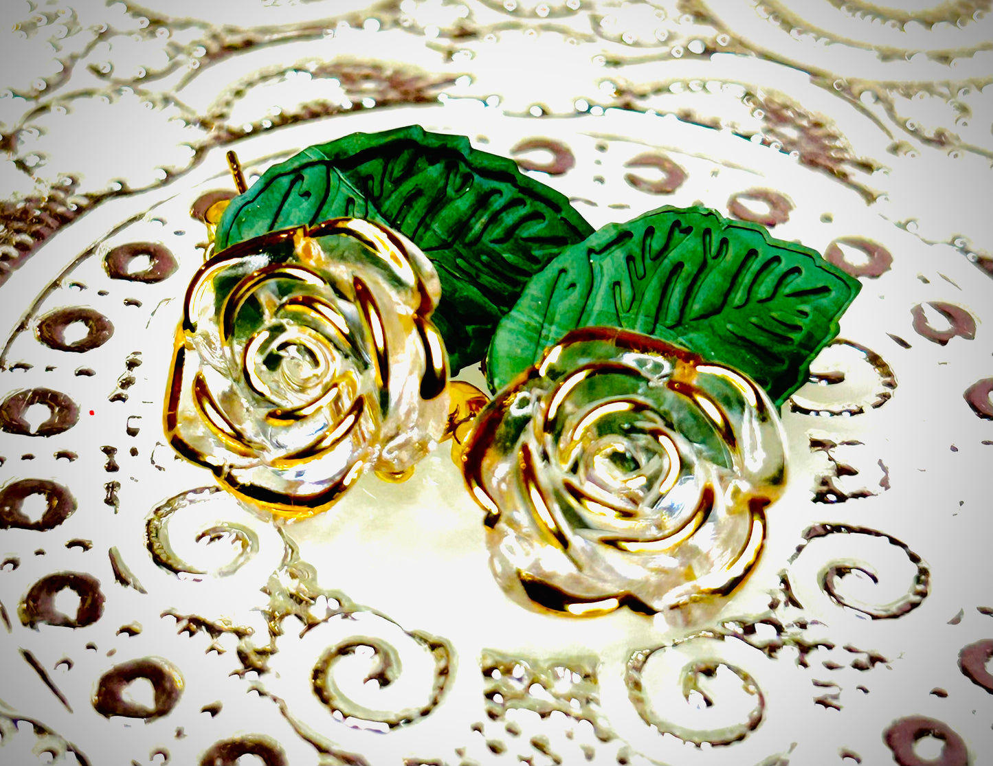 Translucent roses with green leaves dangle earrings for pierced ears gift for girl woman