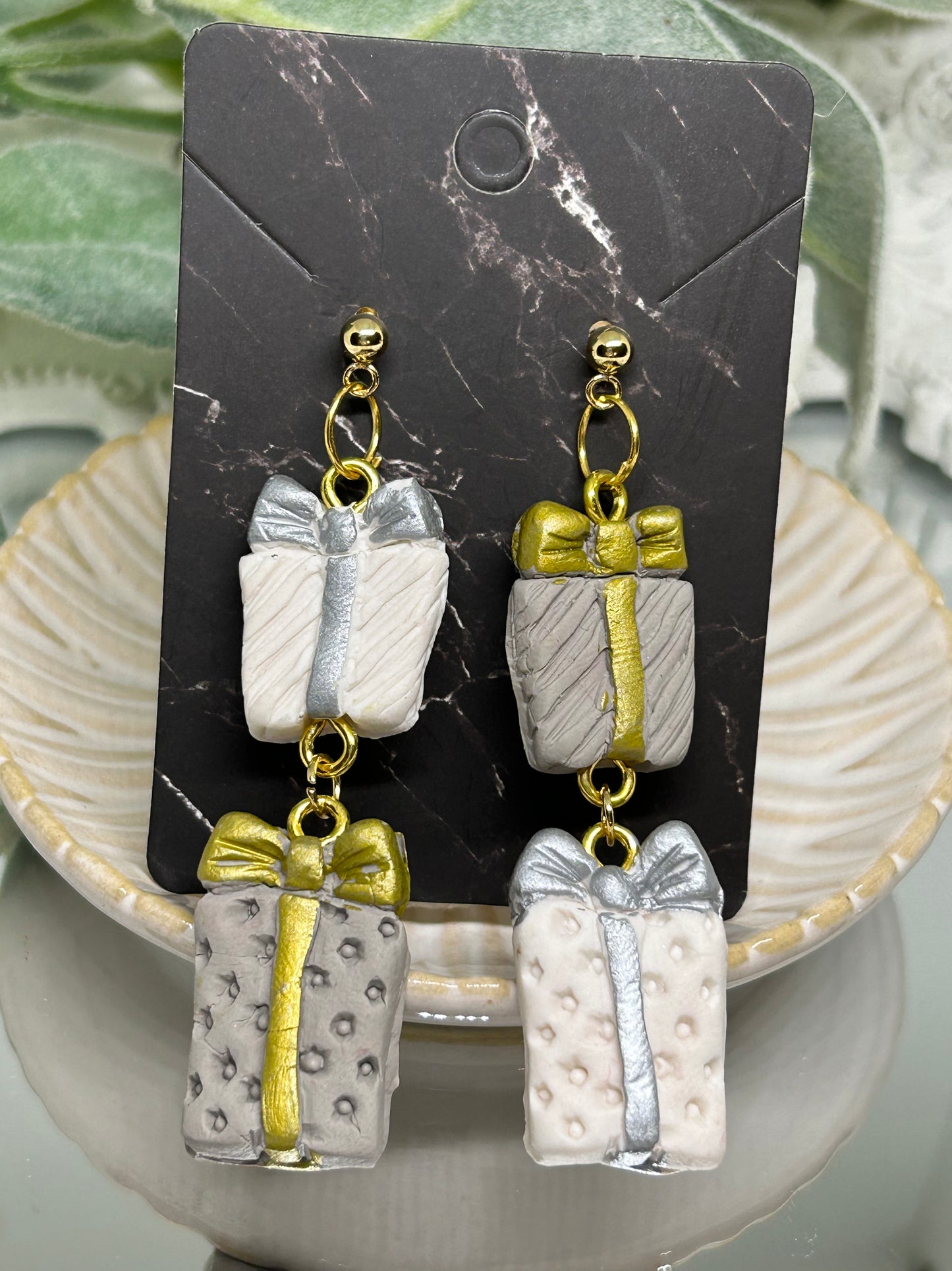 Gold and silver holiday Gift box dangle earrings jewelry gift for her