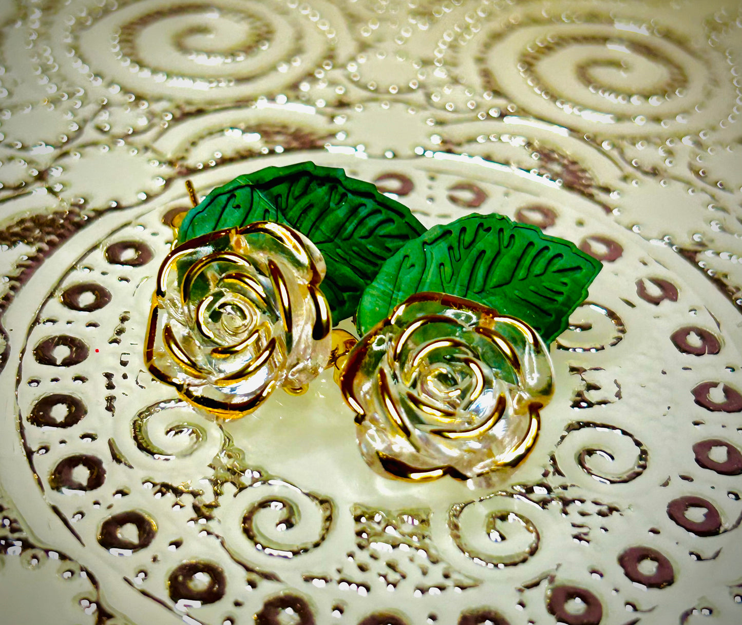 Translucent roses with green leaves dangle earrings for pierced ears gift for girl woman