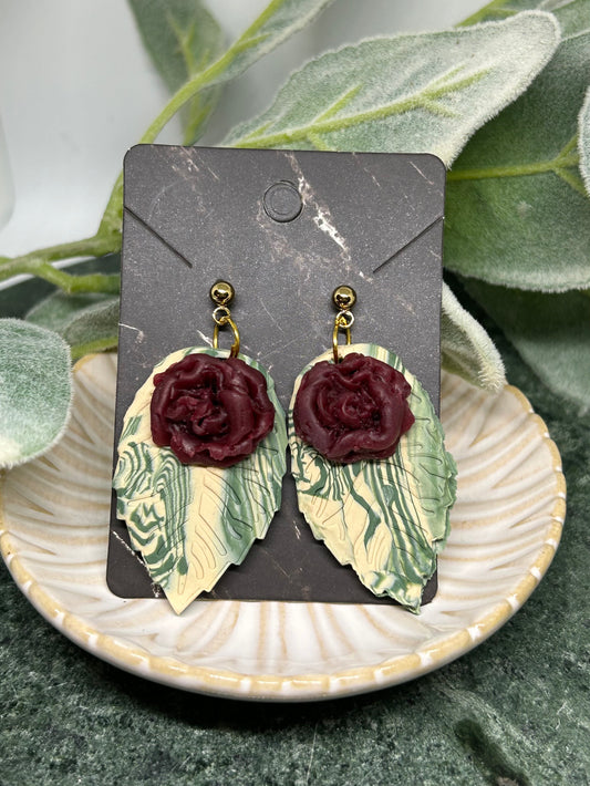 Leafy abstract floral maroon Rose dangle earrings statement jewelry gift idea