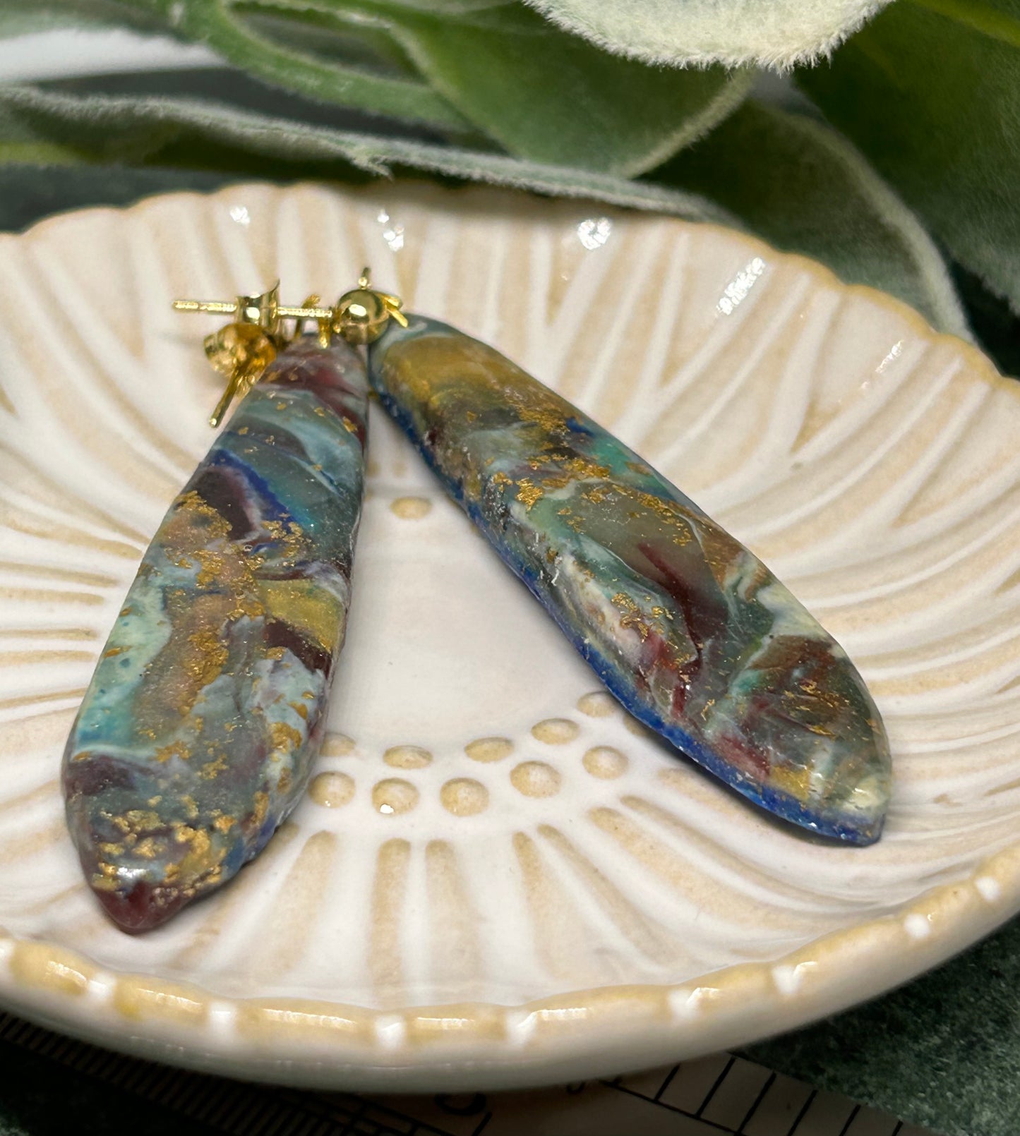 Long Marbled statement earrings in muted tones embellished with gold gift idea jewelry