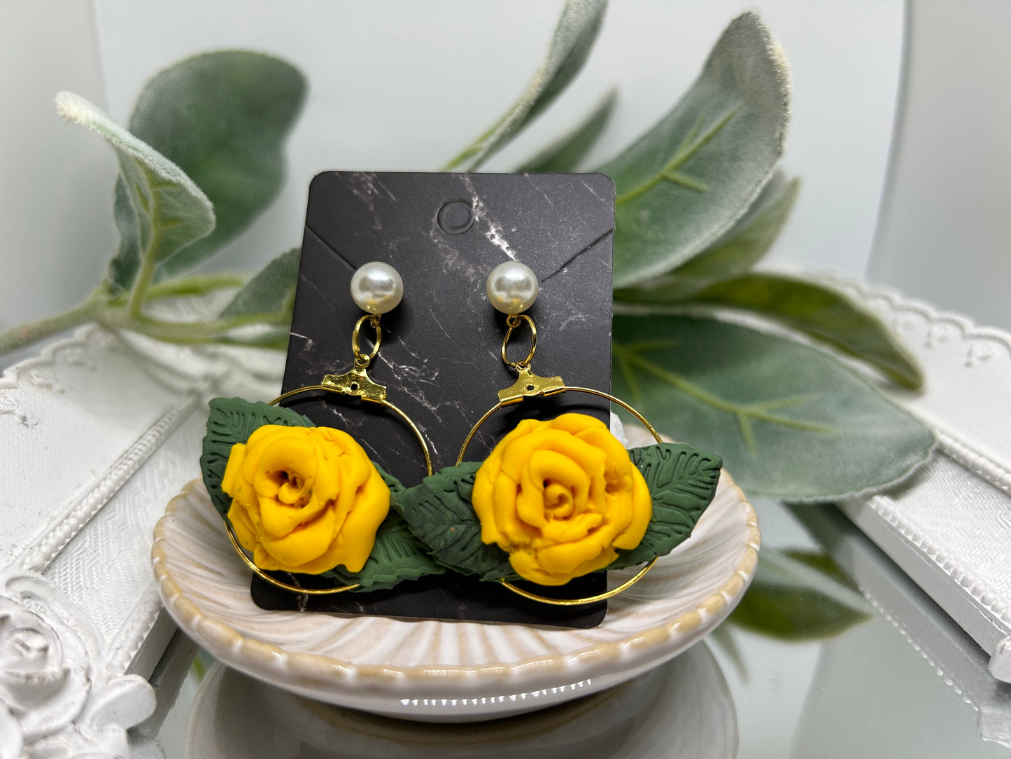 Floral yellow rose hoop earrings for pierced ears gift idea jewelry