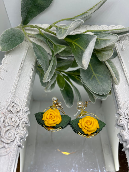 Floral yellow rose hoop earrings for pierced ears gift idea jewelry