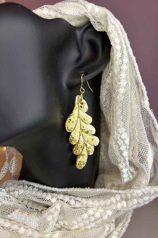 Ivory and gold leaf dangle ear hook earrings for pierced ears unique gift for her/woman/girl bridal wedding accessory