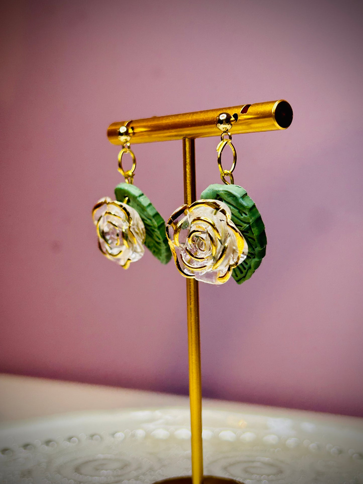 Translucent roses with green leaves dangle earrings for pierced ears gift for girl woman