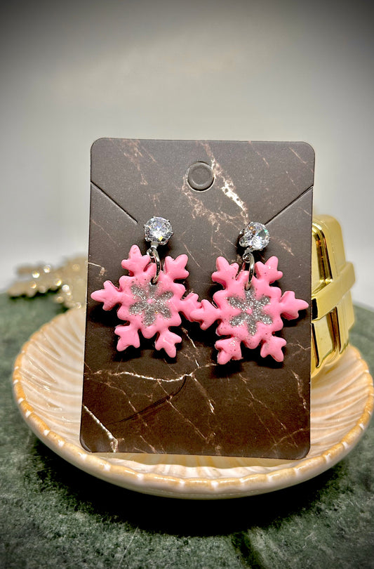 Pink sparkly snowflake with embossed center dangle earrings for pierced ears Winter seasonal holiday jewelry for her