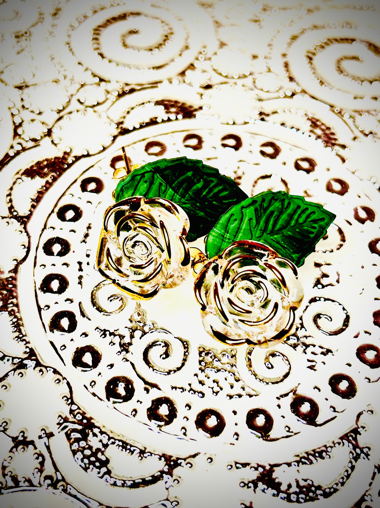 Translucent roses with green leaves dangle earrings for pierced ears gift for girl woman