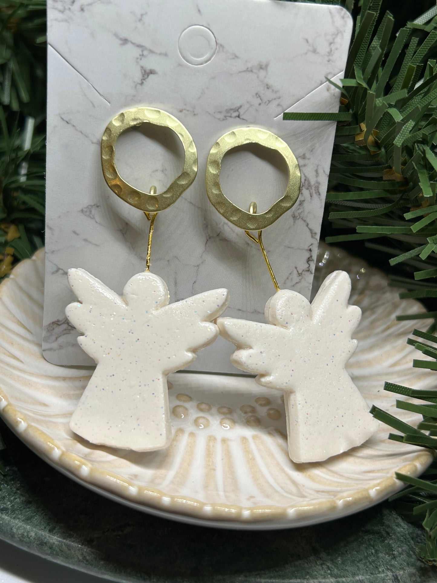 White Sparkle Guardian Angels with Gold halos dangle earrings gift for her