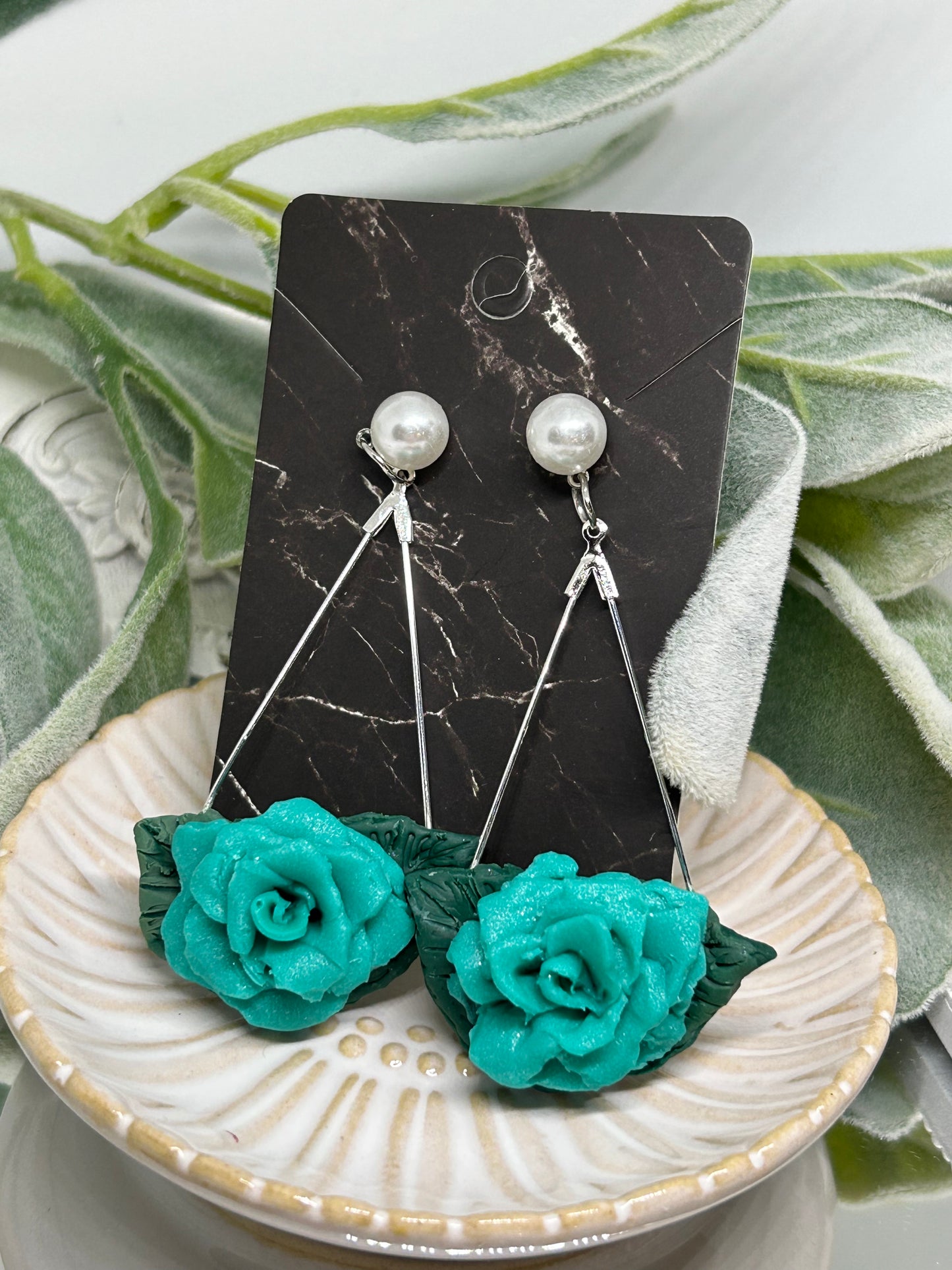 Teal Rose dangle earrings jewelry gift ideas