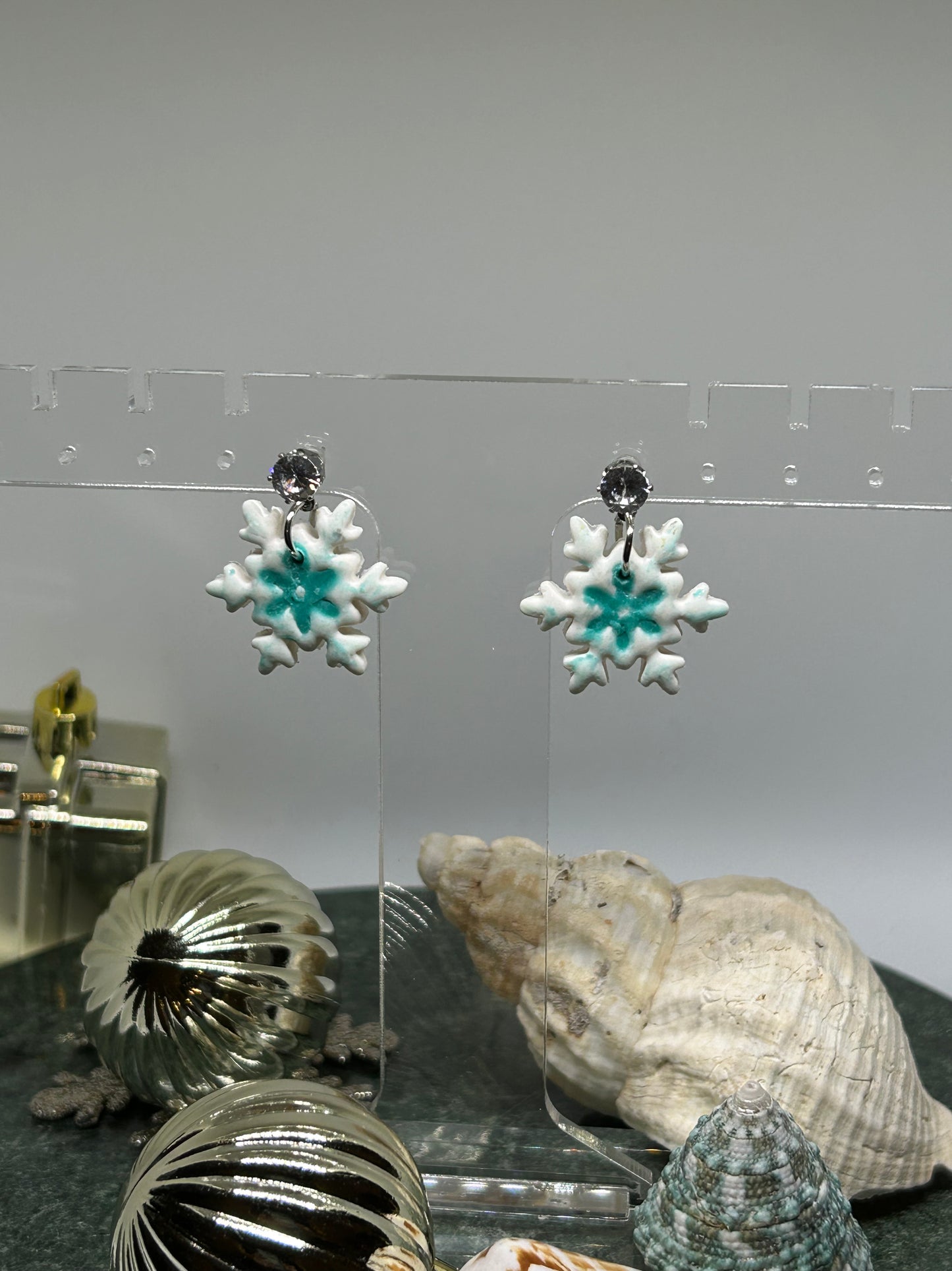 Dainty Shimmer Turquoise tinted snowflake dangle earrings with CZ holiday jewelry gift for her