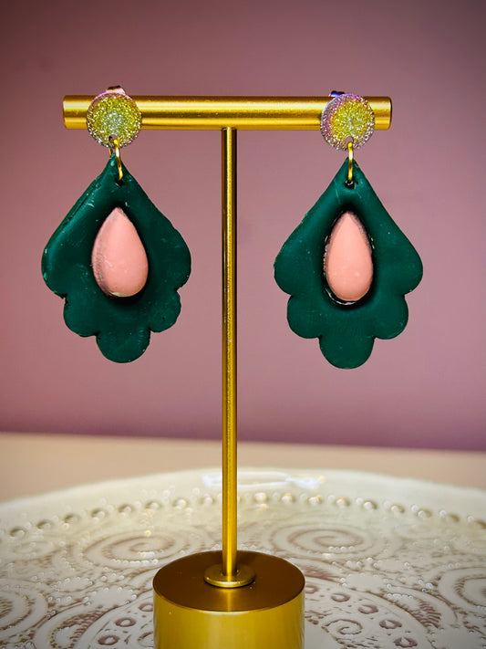 Green and pink Moroccan tear drop dangle earrings for pierced ears gifts for mom sister daughter girl